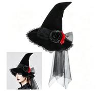 hogarevrumah Cappello da strega barocco gotico da donna, in velluto, a punta, con velo, rosa e bordo in pizzo, tesa larga, copricapo per costume da regina per Halloween, mascherata e cosplay