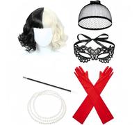 hogarevrumah Set di 6 costumi da donna anni '20 - parrucca bianca e nera, collana di perle, guanti rossi, maschera in pizzo e filtro portasigarette per Halloween, Gatsby e feste a tema