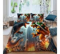 HOGDISAJD coccodrillo Vs. Godzilla Set Copripiumino Matrimoniale mostro gigante Con Stampa 3D Biancheria Da Letto Chiusura Lampo E 2 Federe Per Ragazzi E Ragazze Super King（260x220cm）