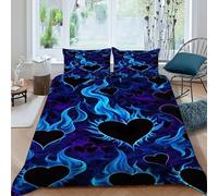 HOGDISAJD fiamma Heart Print Set Copripiumino Matrimoniale serie blu Con Stampa 3D Biancheria Da Letto Morbida Microfibra Chiusura Lampo E 2 Federe Ragazzi E Ragazze King(220x240cm)