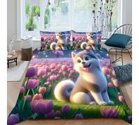 HOGDISAJD Husky Reversibile Copripiumino campo fiore Stampa 3D Set Di Biancheria Da Letto Morbida Microfibra Con Cerniera E 2 Federe Per Ragazzi E Ragazze Double（200x200cm）