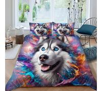 HOGDISAJD Husky siberiano Set Copripiumino Matrimoniale coloreeful Graffiti Con Stampa 3D Biancheria Da Letto Morbida Microfibra Chiusura Lampo E 2 Federe Per Ragazzi E Ragazze Double（200x200cm）