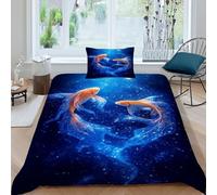 HOGDISAJD Pesce koi Set Copripiumino Matrimoniale serie blu Con Stampa 3D Biancheria Da Letto Morbida Microfibra Chiusura Lampo E 1 Federe Ragazzi E Ragazze Single(135x200cm)