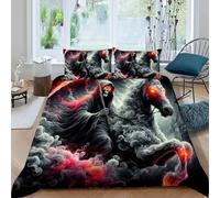 HOGDISAJD serie nero Set Di Biancheria Da Letto Con Motivo 3D, Grim Reaper cavallo Motivo, Microfibra,Anti Allergy,100% Cotone,3 Pezzi Double（200x200cm）