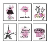 HOGEBIG Arte da parete rosa con tema moda per camera da letto, set di 6 stampe con arte di Parigi, profumo, rossetto, fiori, poster su tela per la decorazione della camera da letto (28x36 cm NON
