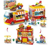 HOGOKIDS City Camion degli Hamburger - Set di Costruzioni 2 in 1 con Carrello dei Gelati e Ristorante, Tavoli e Sedie, Playset per Bambini, Ragazzi e Ragazze (826 Pezzi)