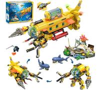 HOGOKIDS Set Costruzioni Sottomarino Città 3 Stili con Luci LED, Giocattolo Barca Gialla Esplorazione Oceanica con 2 Squali, Scheletro di Balena e Drone, Regalo Compleanno Natale Bambini 8-14+