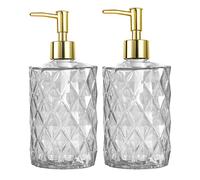 HOHAOO Dispenser versatile per sapone in vetro, con pompa antigoccia, ricaricabile, per bagno, piano di lavoro, cucina, lavanderia (confezione da 2, motivo a strisce di diamanti trasparenti