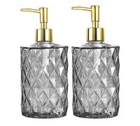 HOHAOO Dispenser versatile per sapone in vetro, flacone da 400 ml con erogatore a pompa, ricaricabile, per bagno, piano di lavoro, cucina, lavanderia (confezione da 2, grigio-diamante striato