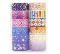 Hohota Set di 12 rotoli di nastro washi in lamina d'oro e stella viola, serie Constellation, nastri adesivi for scrapbooking fai da te, set di cancelleria