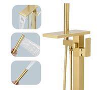 Hoimpro Rubinetto per vasca da bagno indipendente Riempimento vasca a cascata Oro spazzolato Montaggio a pavimento Ottone Maniglia singola Rubinetti per vasca da bagno con 2 funzioni Bacchetta doccia