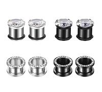 Hoisy 8 Pezzi Dilatatori, Kit Dilatatori Lobo 5mm(4G), Cerchio Argento Nero con Zirconi, Acciaio Inossidabile, Argento Nero