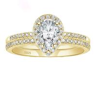 Hoisy Anelli Eleganti Personalizzabile con Incisione Argento Sterling 925 Donna, Set di Anelli Goccia D'Acqua 6x9MM con Zirconia Cubica Anello Oro Donna, Misura 9(49mm)