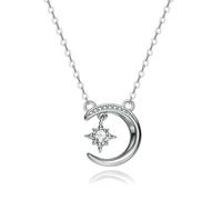 Hoisy Collana Oro Bianco 18 K 750 Donna Ciondolo, Luna e Stella con Moissanite da 0,5ct, Collana Pendente Matrimonio Argento