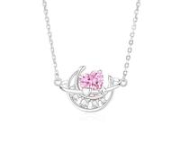 Hoisy Collana Pendente Donna Oro Bianco 14Kt 585, Luna Stella e Cuore con Zaffiro Rosa Sintetico e Moissanite, Collana Rosa Argento con Ciondolo