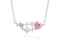 Hoisy Collana Pendente Donna Oro Bianco 9Kt, Stella e Cuore con Zaffiro Sintetico e Moissanite, Collana di Fidanzamento Rosa Argento