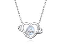 Hoisy Collana Pendente Oro Bianco 9 K 375 Donna, Cuore Cavo Pianeta e Stella con Pietra di Luna e Moissanite, Ciondoli Collane Argento Chiaro Blu