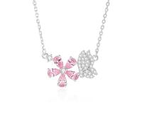 Hoisy Collane Pendente Oro Bianco 9 K 375/14 K 585/18 K 750 Donna, Fiore e Farfalla con Zaffiro Rosa Sintetico e Moissanite, Collana Catena Donna Rosa Argento