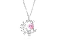 Hoisy Oro Bianco 9 K 375 Collana per Ciondolo Donna, Foglia e Cuore con Zaffiro Rosa Sintetico e Moissanite, Collana per Donna Rosa Argento
