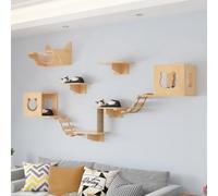 Hoixin Mensole da Parete per Gatti Grandi, Set di 9 Mobili in Legno per Gatti con Tiragraffi, Casetta, Condo, Ponte e Scala, Perfetto per più Gatti