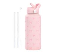 Hojalis Borraccia termica con fiocco rosa, 800 ml, in acciaio inox, a prova di perdite, con 2 cannucce e spazzola per la pulizia, regalo per donne e ragazze, per scuola, palestra, viaggi