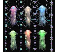 Hojalis Luce medusa, 6 lanterne da appendere a meduse con 6 stelle filanti a doppio vortice, 12 ganci adesivi e 2 ghirlande, decorazione creativa di meduse per feste a tema oceano, cortile, paesaggio