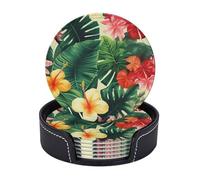 Hojas tropicales y Flores - Set di 6 sottobicchieri assorbenti in pelle con supporto, tappetino rotondo per tovagliette, decorazione per la casa, regali per la casa