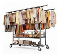 HOKEEPER Appendiabiti da Terra Resistente a Doppia Barra, 283kg, con Cesta a Maglia e Ripiano, Estensibile - Ideale per Camera da Letto, Boutique, Lavanderia, Nero