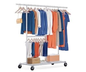 HOKEEPER Appendiabiti da Terra Resistente a Doppia Barra con Ruote, 209kg, Altezza Regolabile e Barra Estensibile, Armadio Mobile per Camera da Letto, Boutique