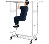 HOKEEPER Appendiabiti da Terra Resistente a Doppia Barra con Ruote, 295kg, con Ripiano Inferiore, Estensibile - Ideale per Camera da Letto, Boutique, Lavanderia, Argento