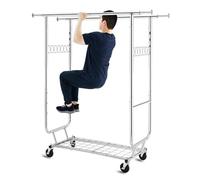 HOKEEPER Appendiabiti da Terra Resistente a Doppia Barra con Ruote, 295kg, con Ripiano Inferiore, Estensibile - Ideale per Camera da Letto, Boutique, Lavanderia, Argento