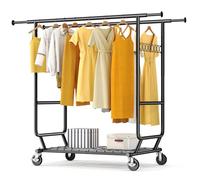 HOKEEPER Appendiabiti da Terra Resistente a Doppia Barra con Ruote, 295kg, con Ripiano Inferiore, Estensibile - Ideale per Camera da Letto, Boutique, Lavanderia, Nero