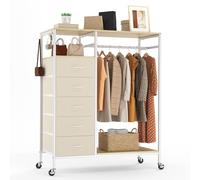 HOKEEPER Appendiabiti tutto in uno con 5 cassetti, organizer mobile per armadio su ruote, appendiabiti e ripiani aperti, per camera da letto, lavanderia, beige