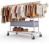 HOKEEPER Stendibiancheria resistente su ruote, doppio appendiabiti, può sostenere fino a 283 kg, design industriale, appendiabiti con ripiano e cesto portabiancheria, lunghezza e altezza estensibili