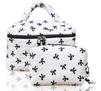HOKYNATI Borsa per il trucco trapuntata in cotone Accessori Coquette Borsa per il trucco Organizzatore Carino Fiocco Floreale Sacchetto Cosmetico Viaggio Trucco Mistero nero Bianco puro, Fiocco bianco