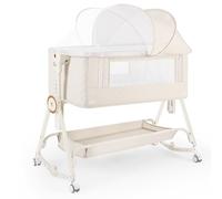 HOLAVIDA 5 in 1 Culla Neonato, Culla Co-Sleeping, Letto Neonato con Ripiano, Zanzariera, Fasciatoio, Materasso, Lettino da Viaggio Regolabile per Neonati/Lattanti (Beige)