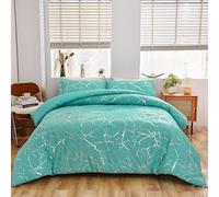Holawakaka, Set di biancheria da letto con glitter e stampa a lamina di marmo metallizzato, per letto king size, colore acqua/argento