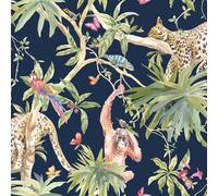Holden Decor Animali Giungla Carta da Parati Tropicale - Navy Argento Rosa Verde