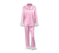 Holdes Pigiama da donna con bottoni, a maniche lunghe, con bottoni, a maniche lunghe, con orlo in piuma, set pigiama in raso, camicia da notte casual rosa
