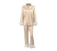 Holdes Set pigiama da donna con bottoni, con bordo in piuma, con bottoni per la casa, e casual champagne