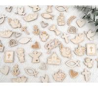 HOLDLEAF 75 decorazioni in legno per battesimo e ragazzo, incisione laser, motivo colomba, pesce, arcobaleno, coriandoli naturali per battesimo, comunione e cresima, ideali per il fai da te e per