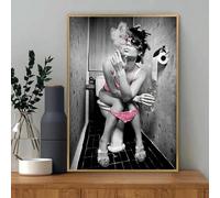 HOLEILUCK Donna seduta sul water che fuma Poster su tela da parete pronto da appendere Arte astratta da parete incorniciata 90x110 cm/35x43 in con cornice dorata