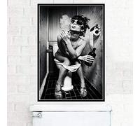 HOLEILUCK Ragazza sul wc fumare e bere tela pittura pub bar wc wall art pronto da appendere foto per arredamento bagno 53x80 cm/21x32in con cornice
