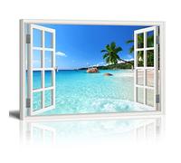 HOLEILUCK Stampa su tela Wall Art Window View Spiaggia bianca con mare blu e palma Finestra aperta Murale 80x60cm/32x24in Con cornice