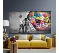 HOLEILUCK Street Graffiti Art Behind the Curtain Canvas Painting Boy and Girl Find Love Banksy Wall Art Prints for Home Room Decor 60x130cm/24x51in con cornice nera