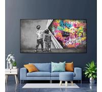 HOLEILUCK Street Graffiti Art Dietro le tende Dipinto su tela Ragazzo e ragazza Trova l'amore Banksy Stampe artistiche da parete per decorazioni per la casa 100x200 cm/39x78 in Con cornice nera
