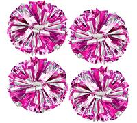 HOLENGS 4 pon pon metallizzati cheerleader, pompon cheerleader, con manico a bastone, pompon per bambini e adulti, scuola, danza, sport, squadra di tifo (rosa+argento)