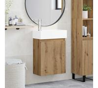 Holepyr Mobile sottolavabo da bagno in rovere Artisan con lavabo, miscelatore e scarico a pressione, mobile da bagno a parete con vano portaoggetti, porta reversibile