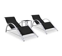 Holepyr Set di 2 lettini da giardino con tavolo, in alluminio nero, textilene e vetro temperato, 167 x 60 x 66 cm, per terrazza, balcone, piscina, spiaggia, benessere, mobili da giardino per esterni