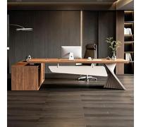 HOLGVE Moderna Scrivania da Ufficio Direzionale a Forma di L in Noce | Scrivania Artistica Gambe Metallo Forma di X Intrecciata, Scrivania CEO Aziendale di Fascia Alta(250CM/98.4IN)
